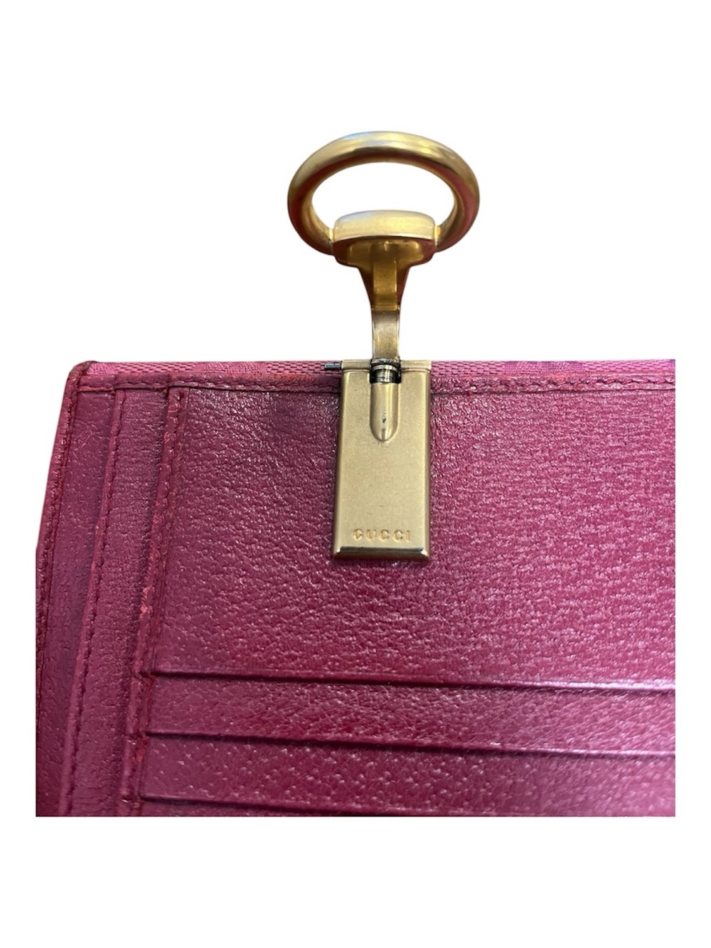 Gucci Vintage GG Canvas Horsebit Ring Trifold Wallet Burgundy Red - Picture 7 of 11